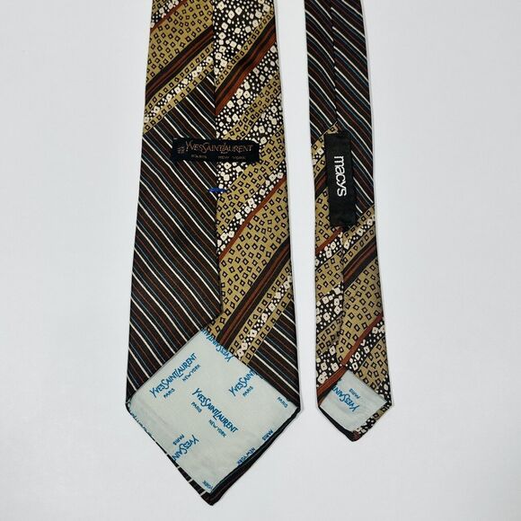 VINTAGE Yves Saint Laurent YSL Brown Tan Multi Pattern Satin Silk Necktie Tie - Picture 3 of 7